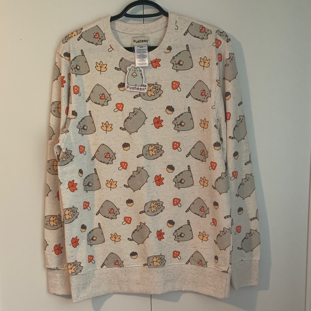 New Pusheen Fall Acorn Leaves Mushrooms Cream Cotton/Poly Sweatshirt Size Medium